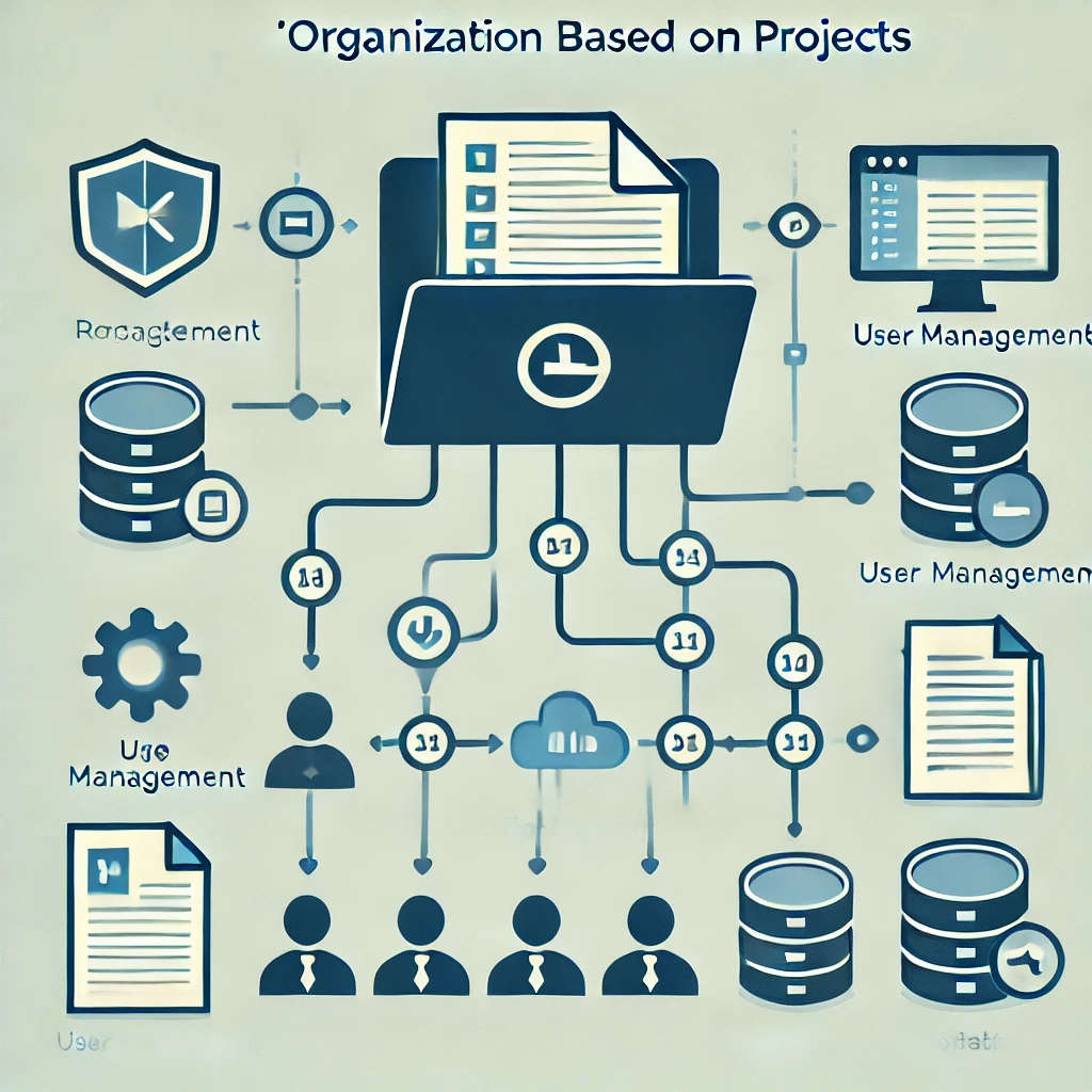 alt=Overview of a project-based organization system highlighting repository and database functions for comprehensive project management, contrasting with platforms like DropBox and Box's focus on individual file development.